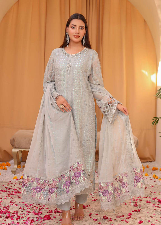 Raya By Hannan Fabrics Luxury Embroidered Chiffon Semi-Stitched 3pcs - Jotey