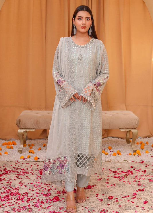 Raya By Hannan Fabrics Luxury Embroidered Chiffon Semi-Stitched 3pcs - Jotey