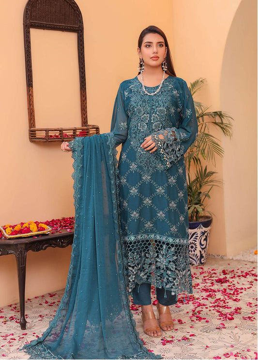 Raya By Hannan Fabrics Luxury Embroidered Chiffon Semi-Stitched 3pcs - Jotey