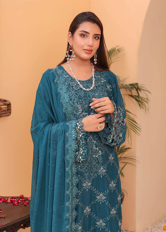 Raya By Hannan Fabrics Luxury Embroidered Chiffon Semi-Stitched 3pcs - Jotey