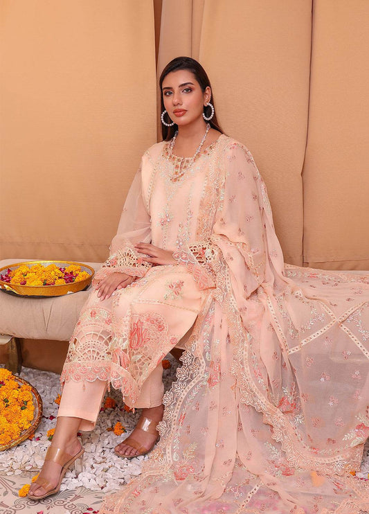 Raya By Hannan Fabrics Luxury Embroidered Chiffon Semi-Stitched 3pcs - Jotey