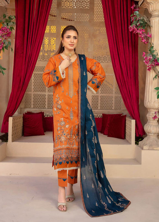 Anaya Hoor Saffron Embroidered Lawn Unstitched 3pcs - Jotey