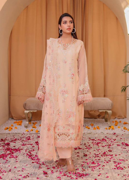 Raya By Hannan Fabrics Luxury Embroidered Chiffon Semi-Stitched 3pcs - Jotey