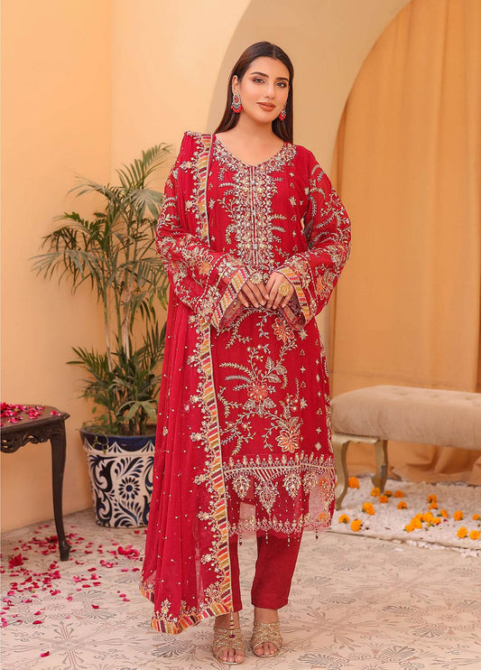 Raya By Hannan Fabrics Luxury Embroidered Chiffon Semi-Stitched 3pcs - Jotey