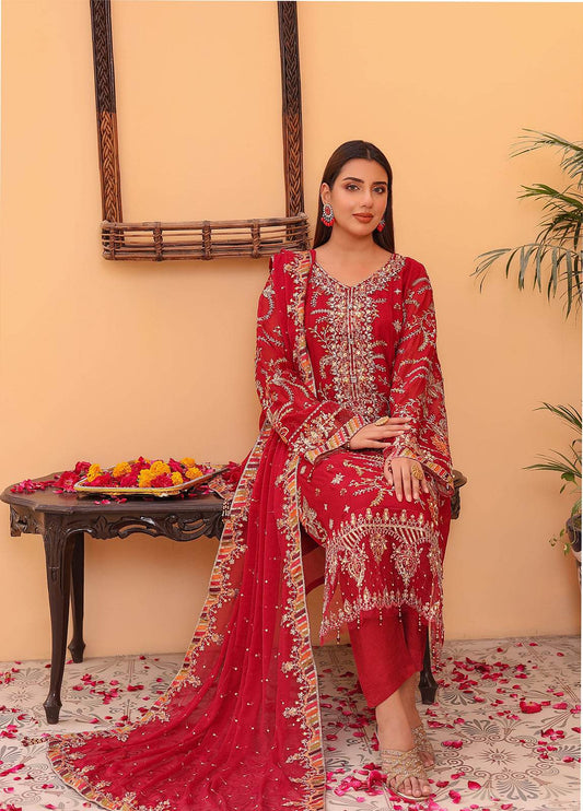 Raya By Hannan Fabrics Luxury Embroidered Chiffon Semi-Stitched 3pcs - Jotey