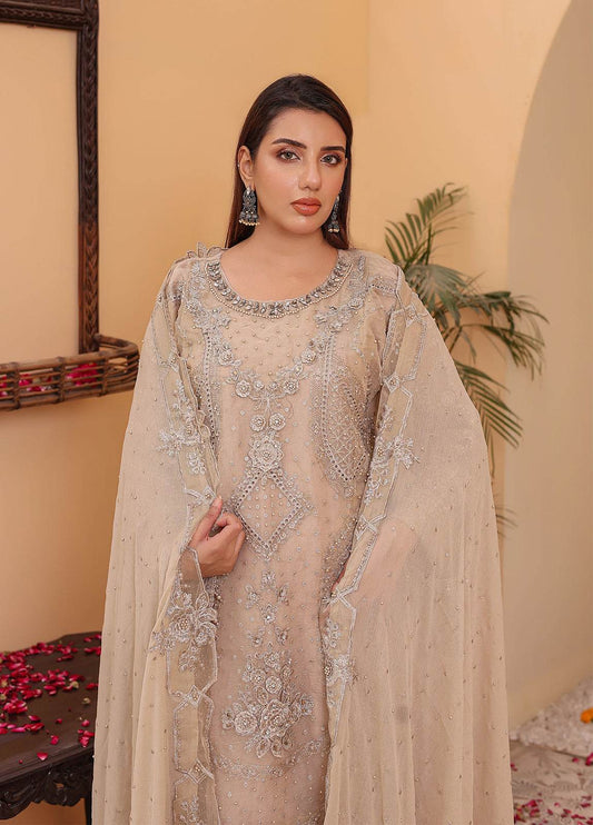 Raya By Hannan Fabrics Luxury Embroidered Chiffon Semi-Stitched 3pcs - Jotey