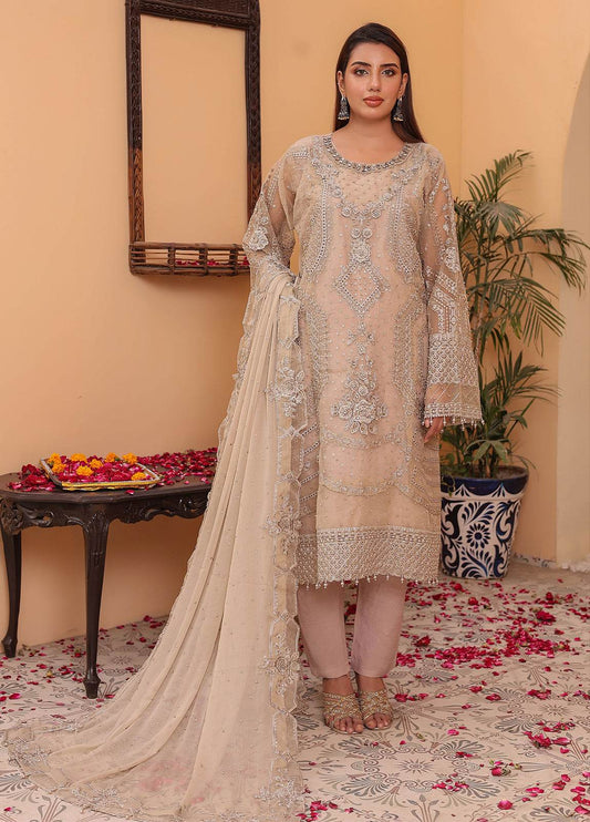 Raya By Hannan Fabrics Luxury Embroidered Chiffon Semi-Stitched 3pcs - Jotey