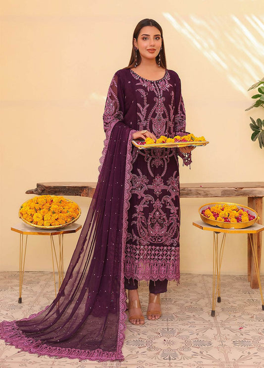 Raya By Hannan Fabrics Luxury Embroidered Chiffon Semi-Stitched 3pcs - Jotey