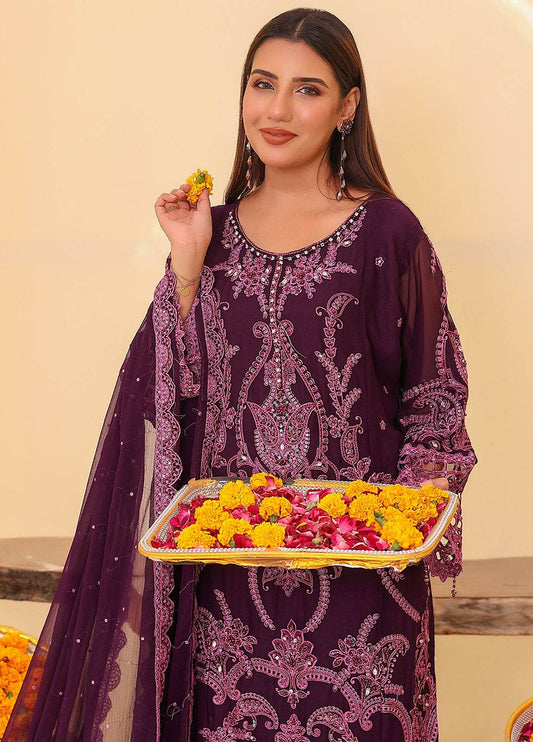 Raya By Hannan Fabrics Luxury Embroidered Chiffon Semi-Stitched 3pcs - Jotey