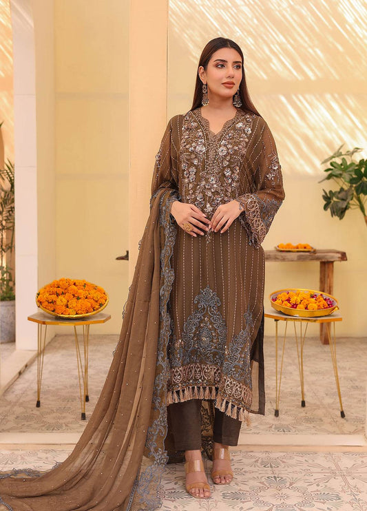 Raya By Hannan Fabrics Luxury Embroidered Chiffon Semi-Stitched 3pcs - Jotey