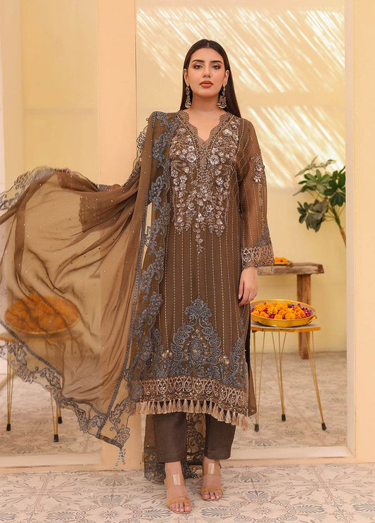 Raya By Hannan Fabrics Luxury Embroidered Chiffon Semi-Stitched 3pcs - Jotey