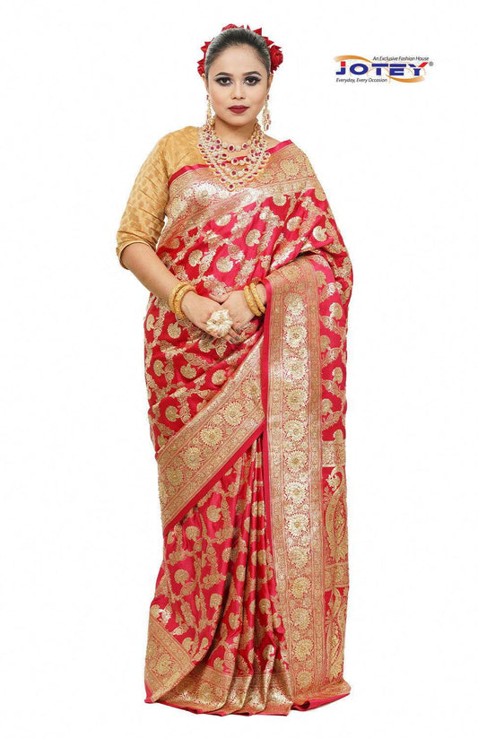 Floral Woven Pure Banarasi Silk Saree in Hot Pink - Jotey
