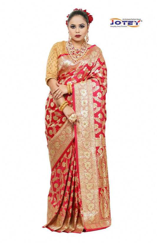 Floral Woven Pure Banarasi Silk Saree in Hot Pink - Jotey