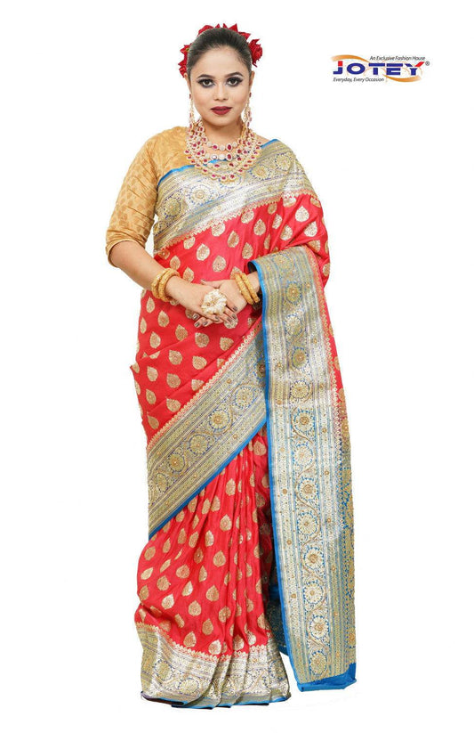Floral Woven Pure Banarasi Silk Saree in Hot Pink - Jotey