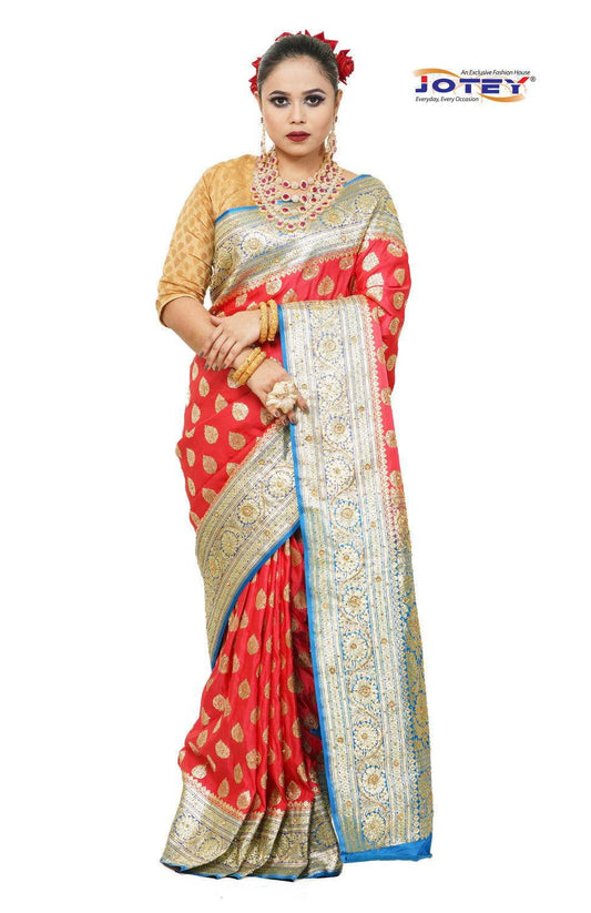 Floral Woven Pure Banarasi Silk Saree in Hot Pink - Jotey