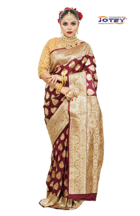 Floral Woven Pure Banarasi Silk Saree in Maroon - Jotey