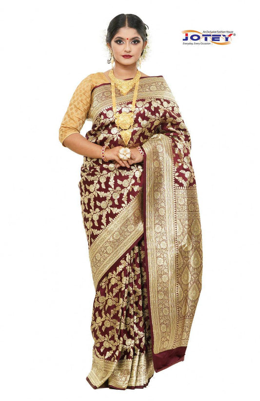 Floral Woven Pure Banarasi Silk Saree in Maroon - Jotey
