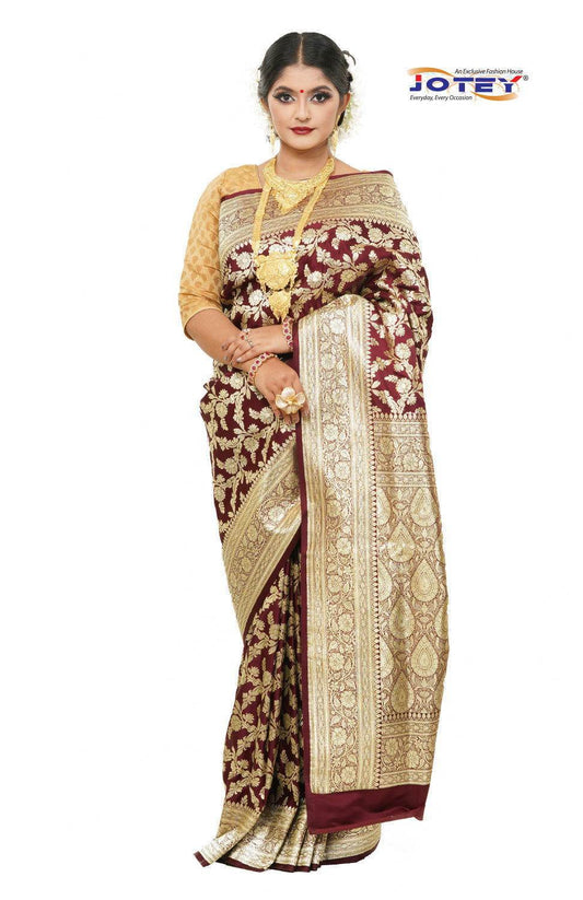 Floral Woven Pure Banarasi Silk Saree in Maroon - Jotey
