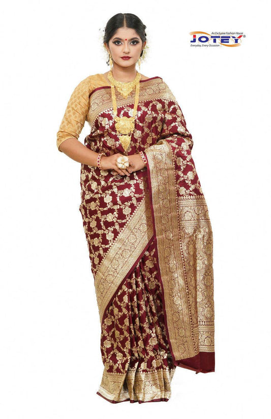 Floral Woven Pure Banarasi Silk Saree in Maroon - Jotey