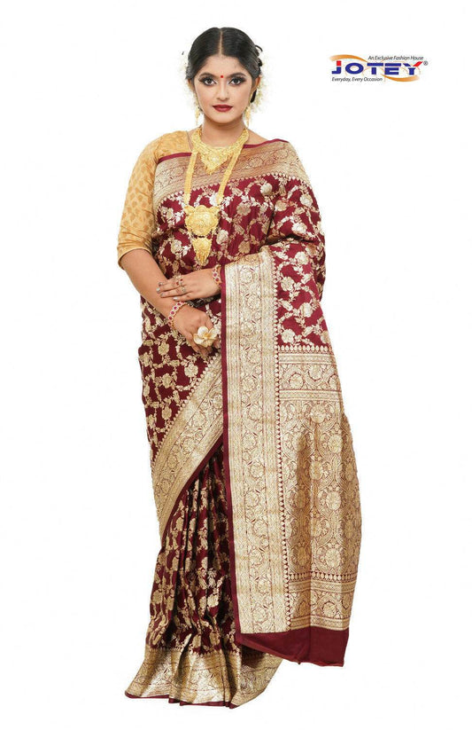 Floral Woven Pure Banarasi Silk Saree in Maroon - Jotey