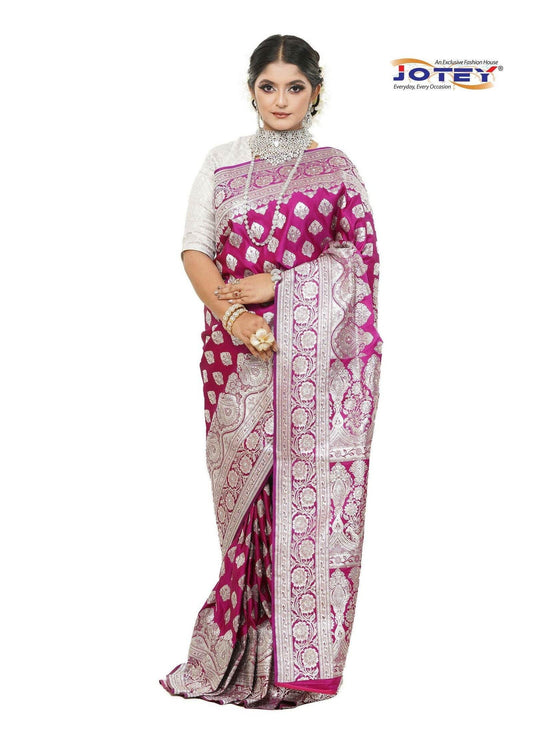 Floral Woven Pure Banarasi Silk Saree in Purple - Jotey