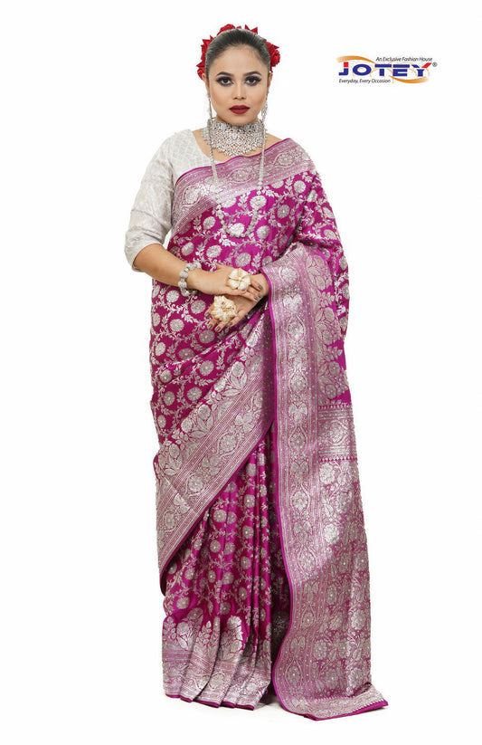 Floral Woven Pure Banarasi Silk Saree in Purple - Jotey