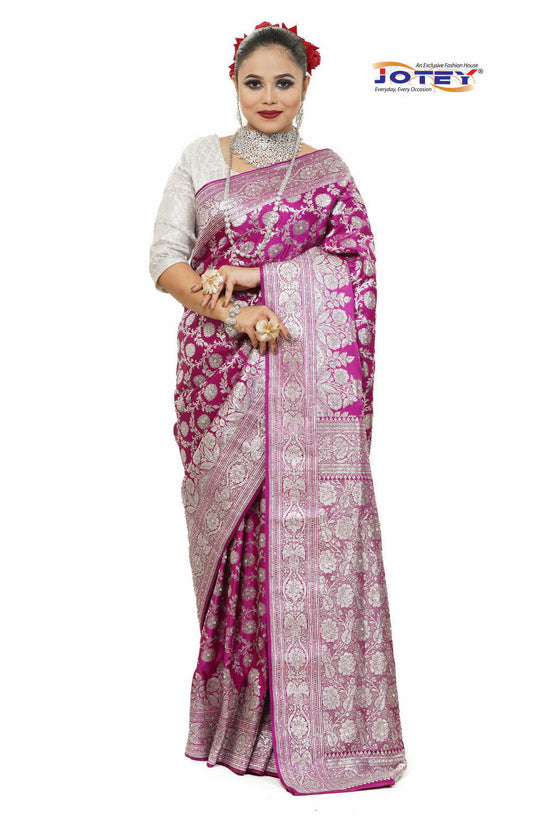 Floral Woven Pure Banarasi Silk Saree in Purple - Jotey