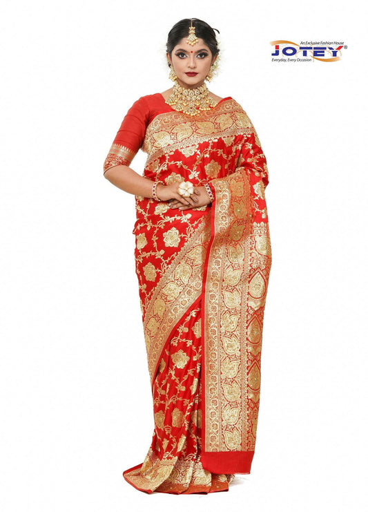 Floral Woven Pure Banarasi Silk Saree in Red - Jotey