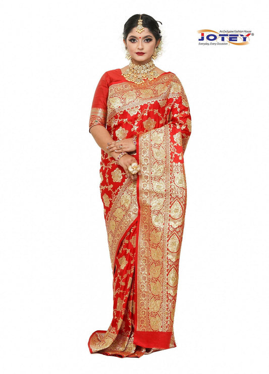 Floral Woven Pure Banarasi Silk Saree in Red - Jotey