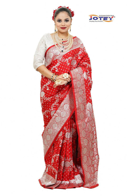 Floral Woven Pure Banarasi Silk Saree in Red - Jotey
