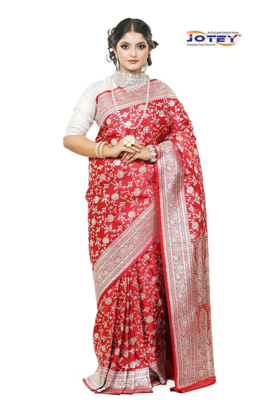 Floral Woven Pure Banarasi Silk Saree in Red - Jotey