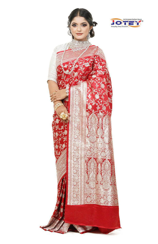 Floral Woven Pure Banarasi Silk Saree in Red - Jotey