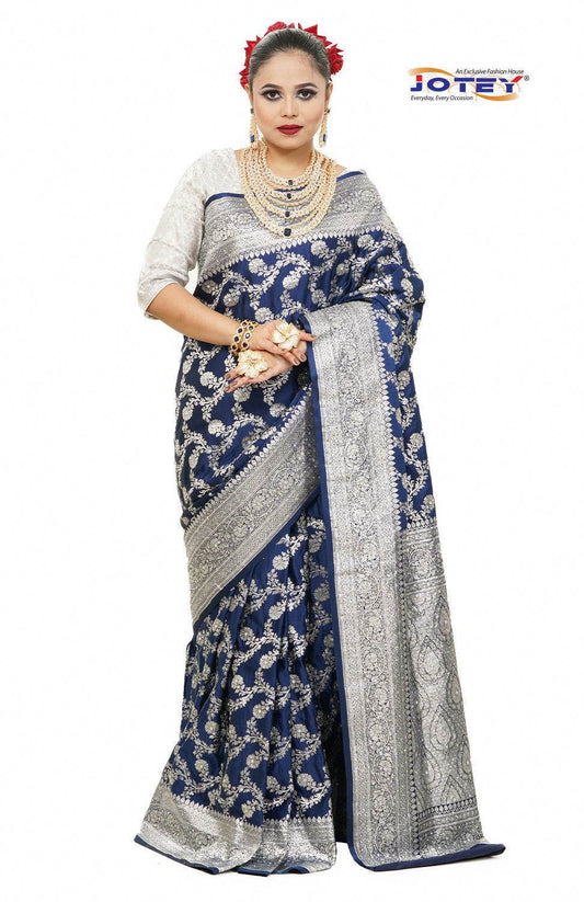 Floral Woven Pure Banarasi Silk Saree in Royal Blue - Jotey