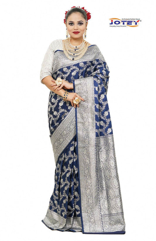 Floral Woven Pure Banarasi Silk Saree in Royal Blue - Jotey