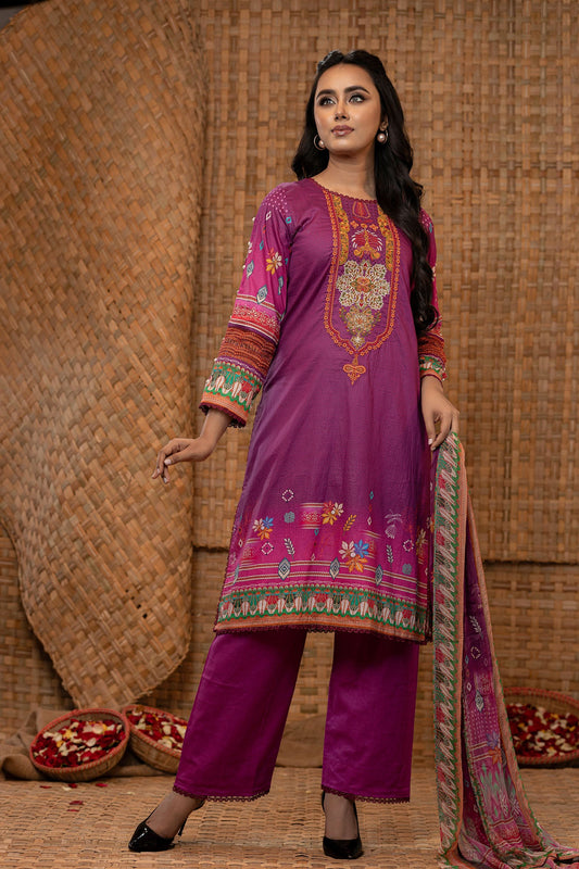 Khoobsurat Digital Printed Heavy Embroidered Unstitched Lawn 3pcs