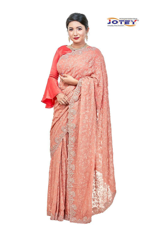Lucknow Stone Work Chiffon Saree - Jotey
