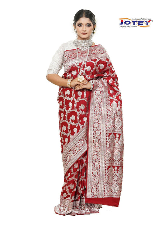 Maroon Floral Woven Pure Banarasi Silk Saree - Jotey