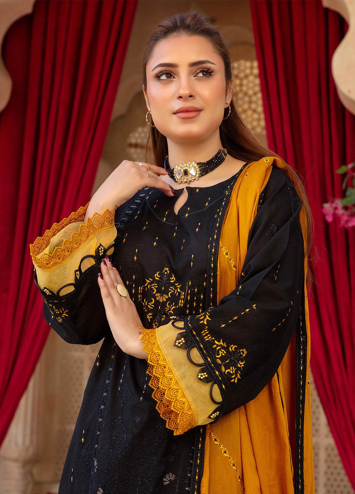 Anaya Hoor Saffron Embroidered Lawn Unstitched 3pcs - Jotey
