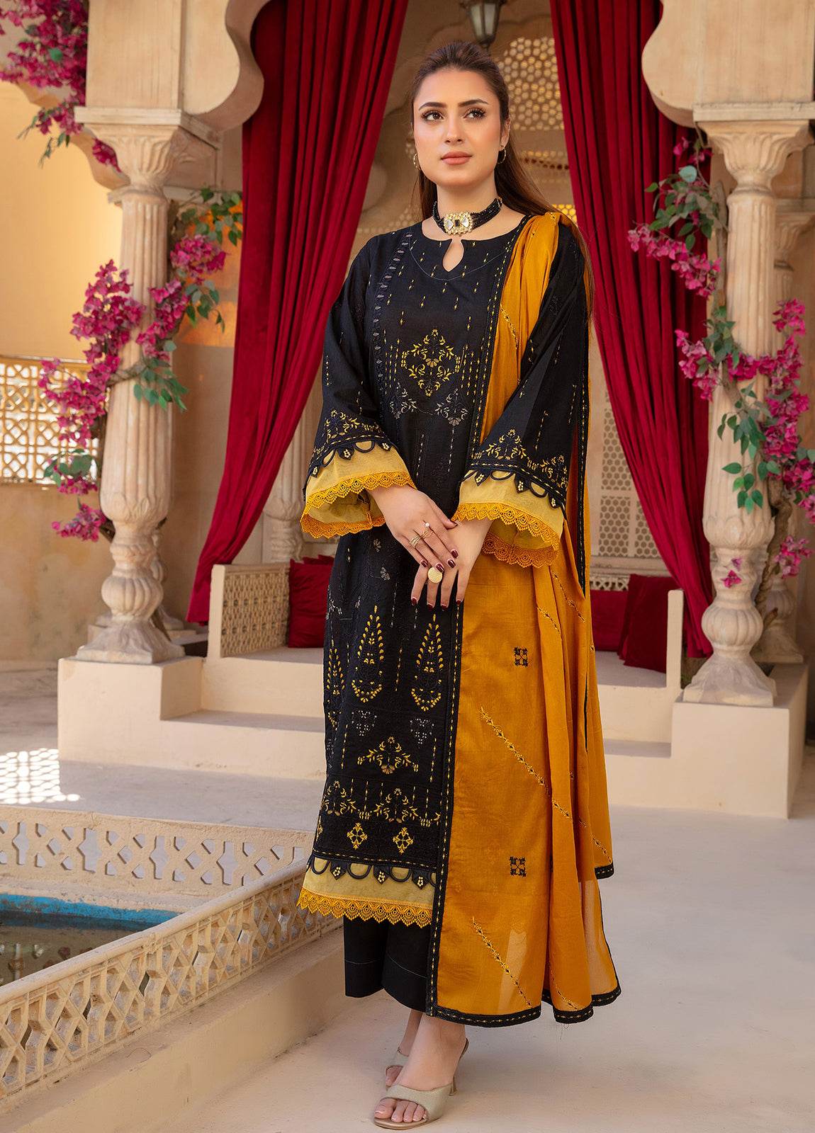 Anaya Hoor Saffron Embroidered Lawn Unstitched 3pcs - Jotey