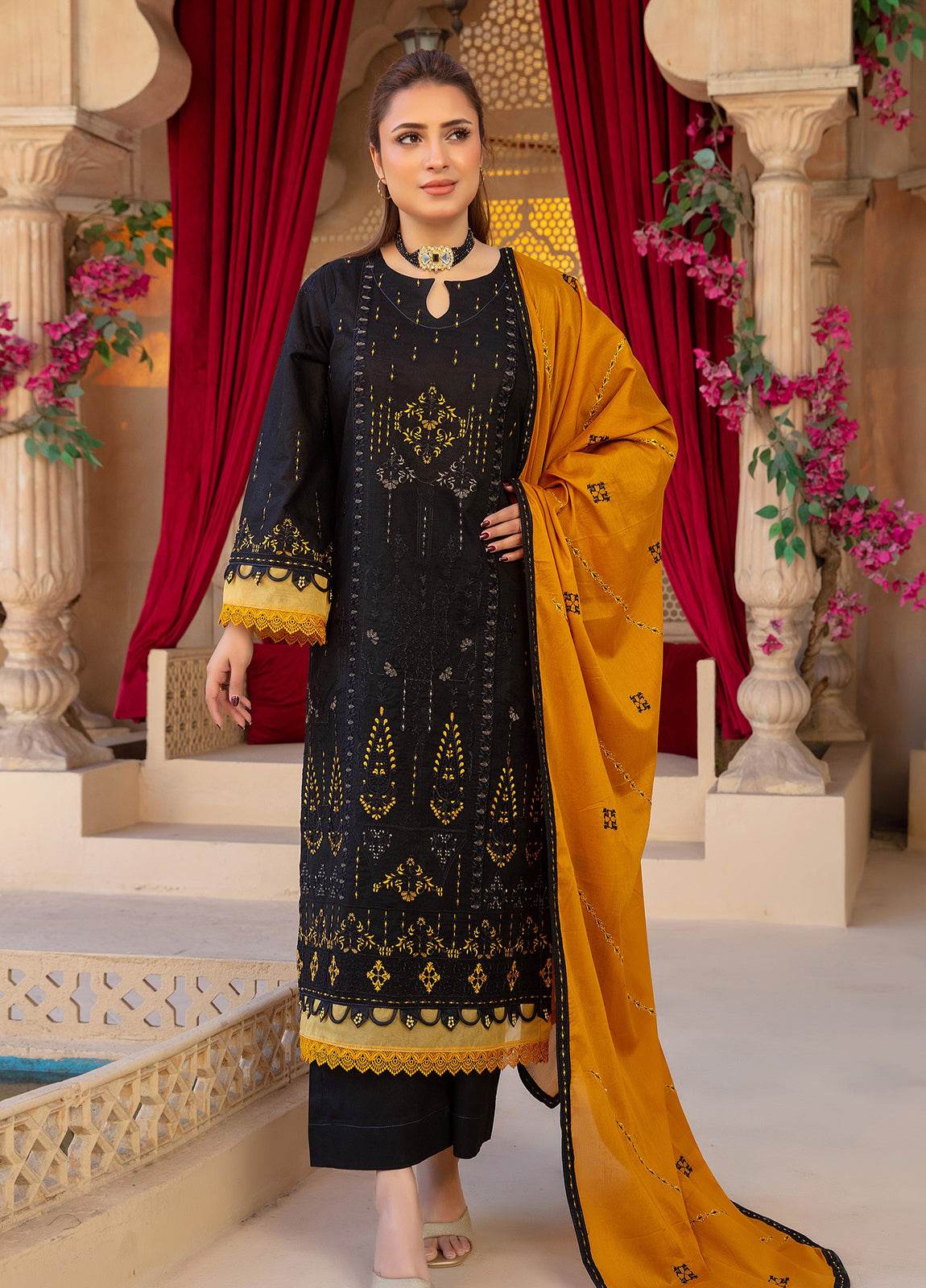 Anaya Hoor Saffron Embroidered Lawn Unstitched 3pcs - Jotey