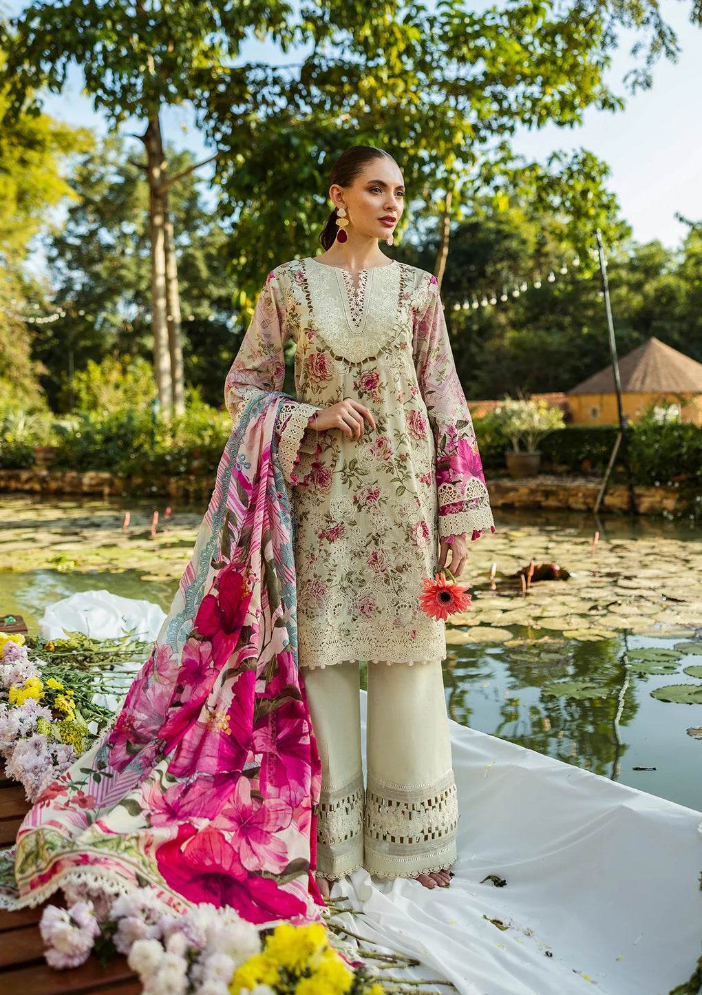 Elaf Print Chikankari Unstitched Lawn 3pcs - Jotey