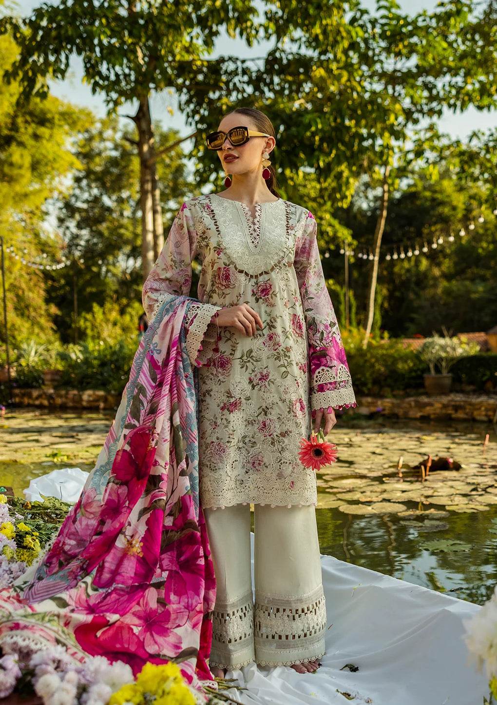 Elaf Print Chikankari Unstitched Lawn 3pcs - Jotey