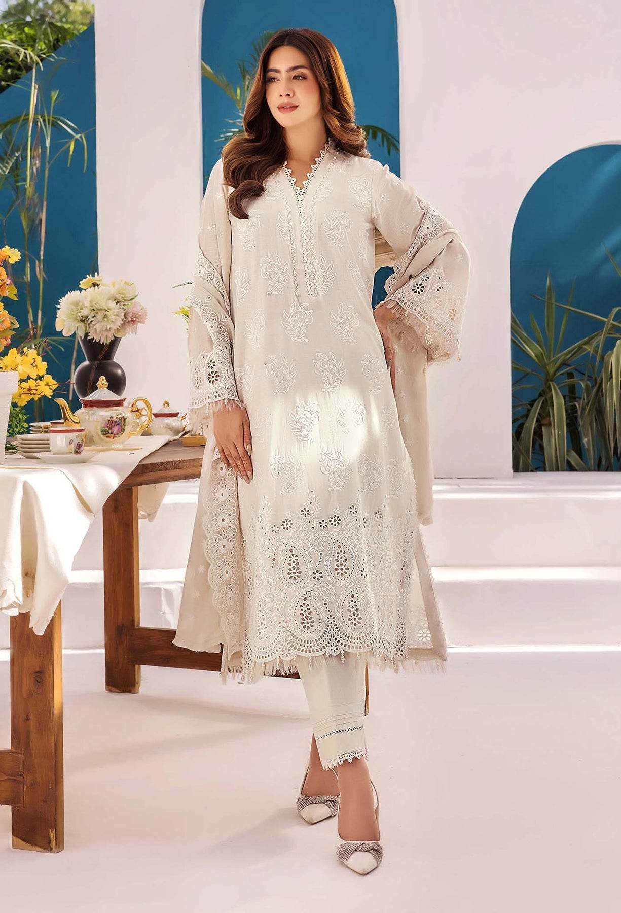 Adans Libas Stella Unstitched Chikankari Lawn 3 Piece - Jotey