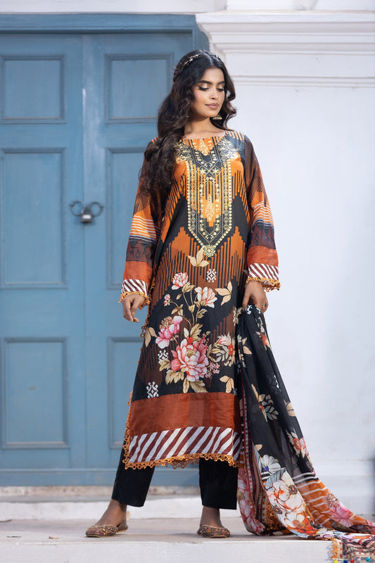 Hania Printed+Embroidered & Sequence Work Lawn Unstitched 3pcs