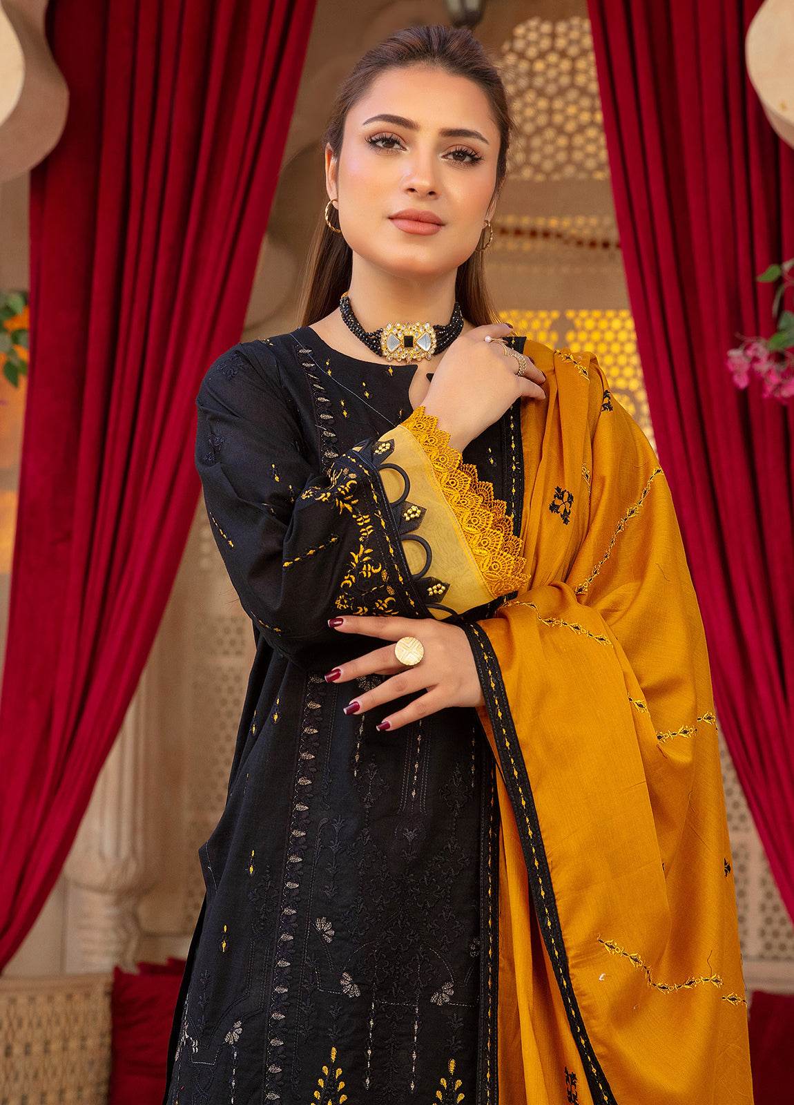 Anaya Hoor Saffron Embroidered Lawn Unstitched 3pcs - Jotey