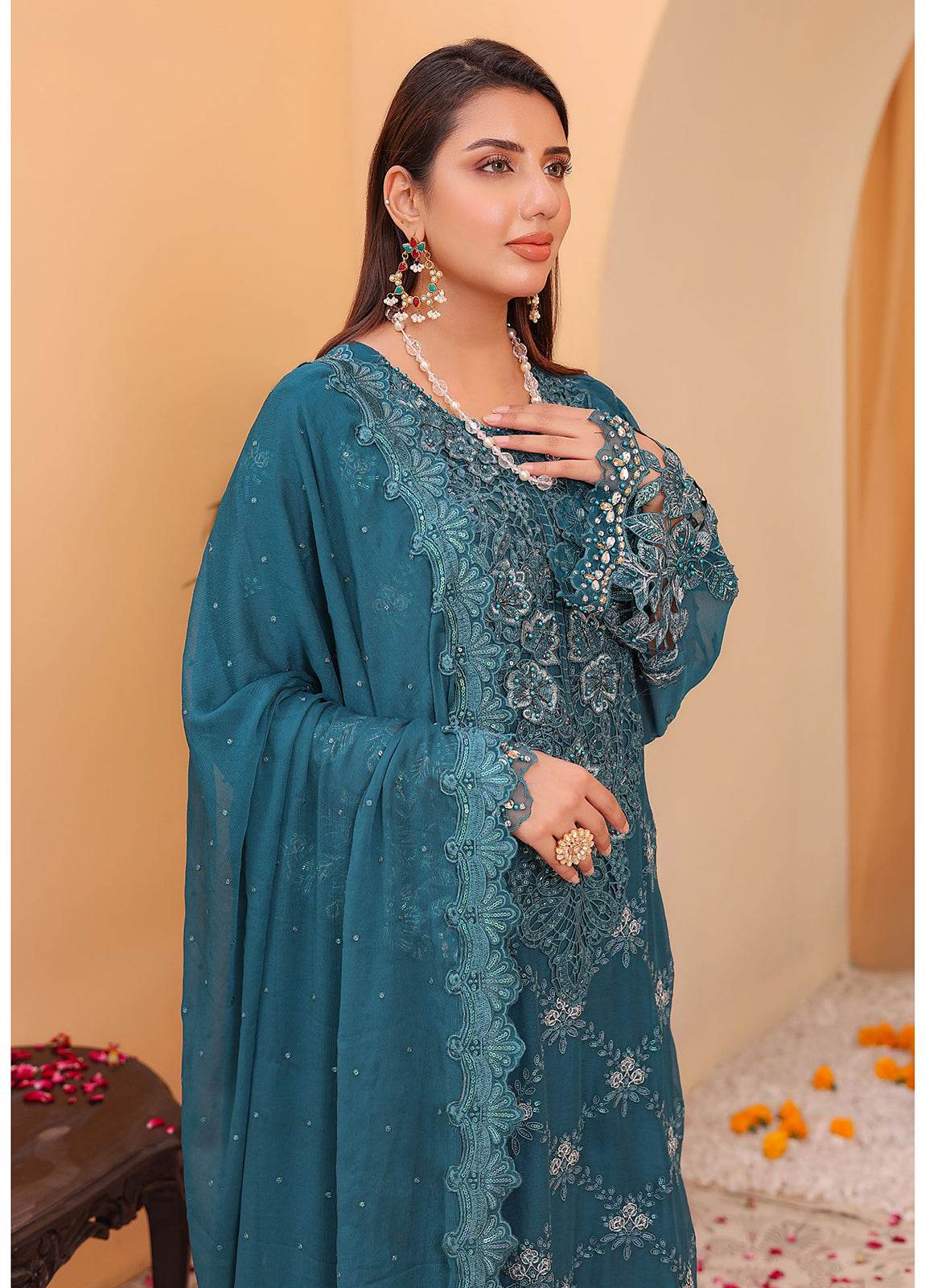 Raya By Hannan Fabrics Luxury Embroidered Chiffon Semi-Stitched 3pcs - Jotey