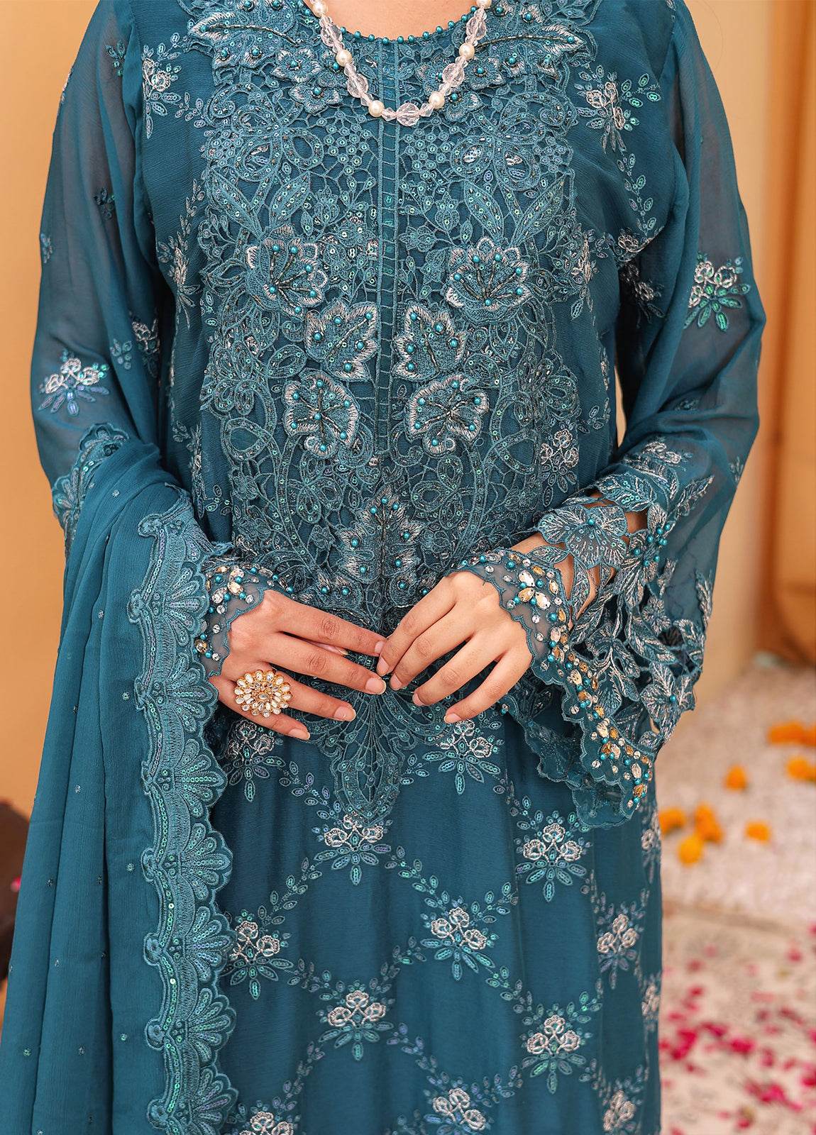 Raya By Hannan Fabrics Luxury Embroidered Chiffon Semi-Stitched 3pcs - Jotey