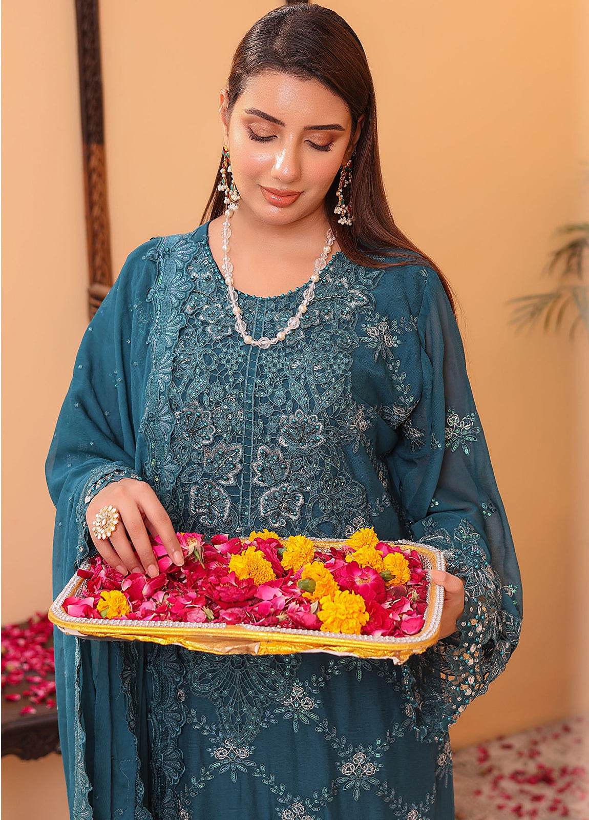 Raya By Hannan Fabrics Luxury Embroidered Chiffon Semi-Stitched 3pcs - Jotey