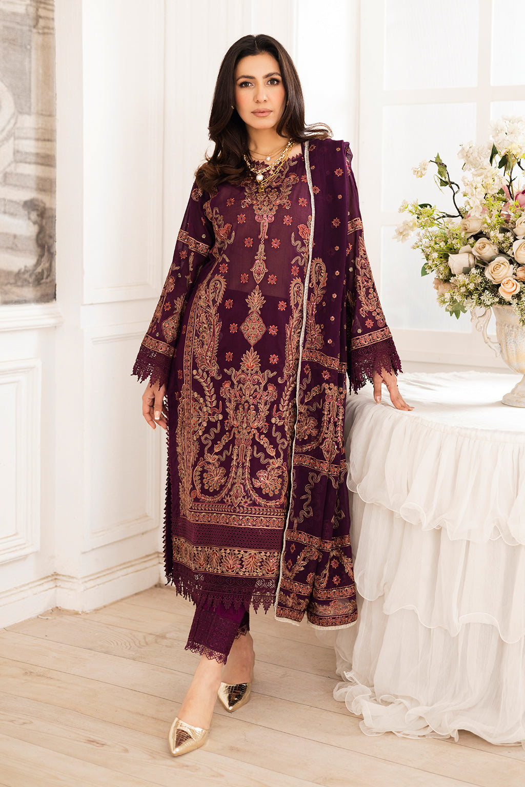 Johra Gold Swiss Voil Heavy Embroidered Lawn Unstitched 3Pcs