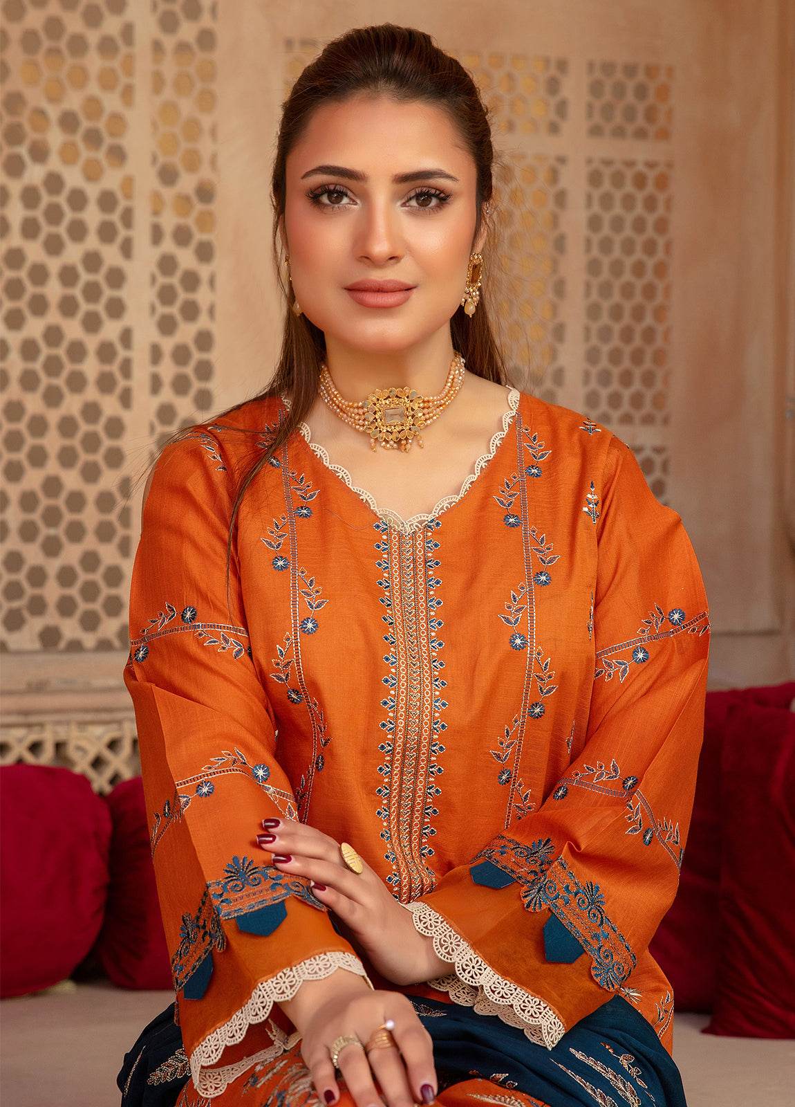 Anaya Hoor Saffron Embroidered Lawn Unstitched 3pcs - Jotey